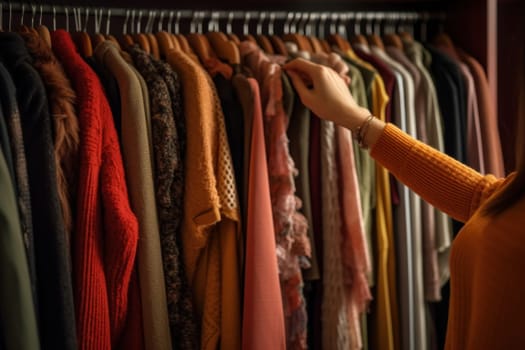 Closeup unrecognizable woman picking clothes from wardrobe, choosing what to wear.