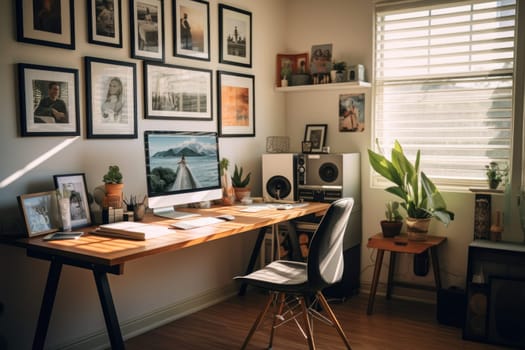 A modern work space desk with a computer Generative AI.