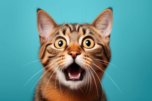 Funny surprised cat studio shot isolated bright color background.