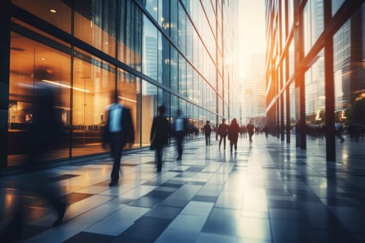 Blurred image of an office hallway with many business people walking in opposite directions.