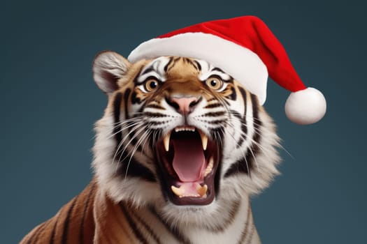 Funny surprised tiger with santa hat studio shot isolated bright color background.