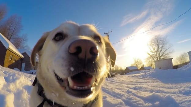 Fisheye portrait of dog on snow covered field, AI Generative.