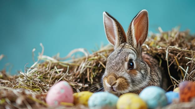 Adorable Easter Bunny With Easter Eggs, colorful Easter eggs, banner and wallpaper.