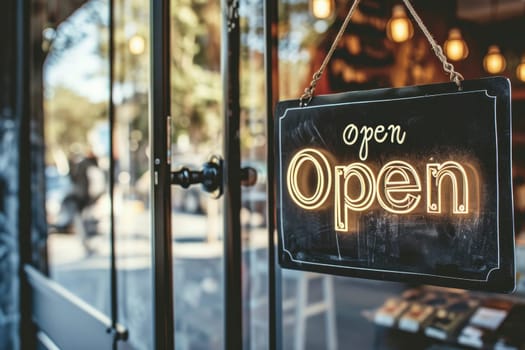 OPEN Sign board on cafe or restaurant hang on door at entrance, Vintage color tone style..