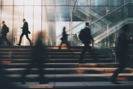 Blurred business people walking up and down stair outside office in fast movement.
