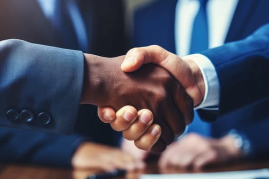 Business people in office suits standing and shaking hands.