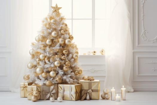 Beautiful Christmas tree in decorated living room. Festive interior.