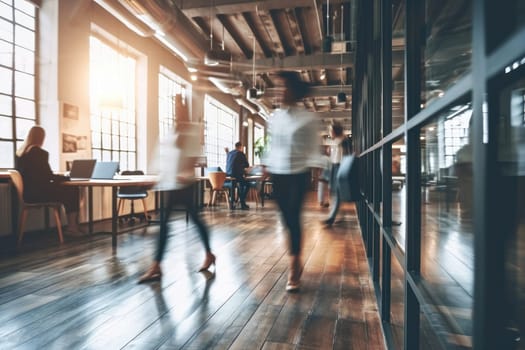 motion blur image of business people crowd walking at corporate office.