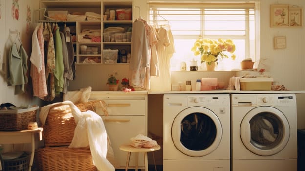 Messy Laundry room, minimal style with sunlight, AI Generative.