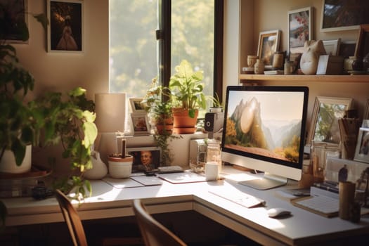 A modern work space desk with a computer Generative AI.