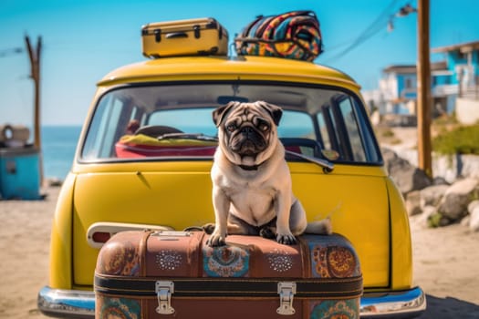 holiday vacation dog, travel with pet concept.