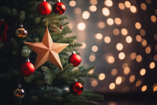 Christmas, New Year decor tree red and golden balls on lights bokeh background. Selective focus.