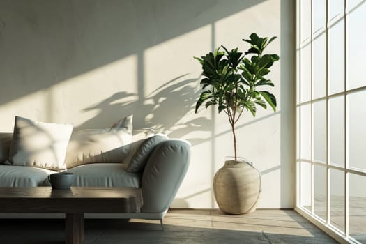 Minimal living room, minimal blank wall couch full sized window side table vase, home interior.