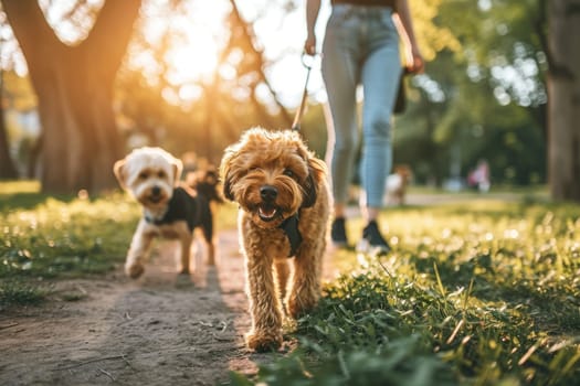 Owner and dog walking in garden unfocused background, Dog walker, Pet and owner.