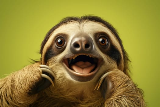 Funny surprised sloth studio shot isolated bright color background.
