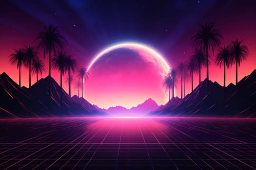 Retro Wave Music Festival Aesthetic scenery background, Retro futuristic 90s Style background.