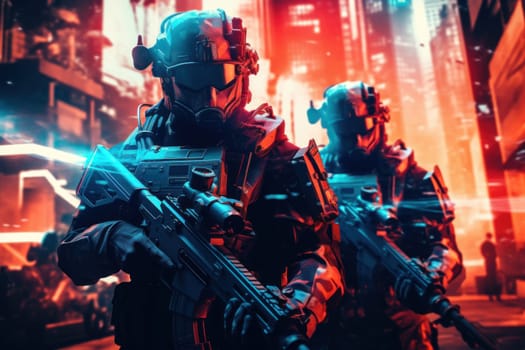 Futuristic special force soldiers, Cyberpunk warrior portrait in neon light background.