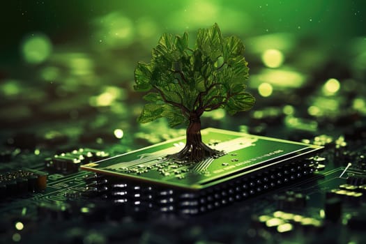 Tree growing on the converging point of computer circuit board, Green technology. AI Generative.