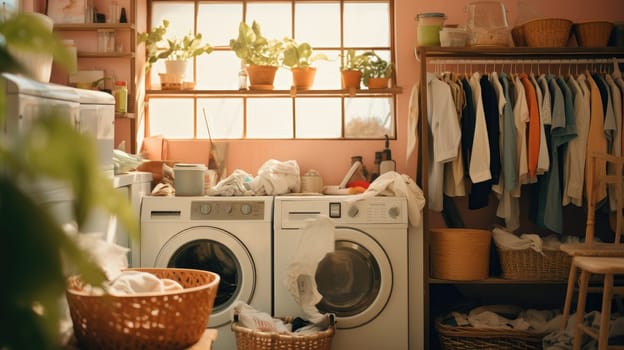 Messy Laundry room, minimal style with sunlight, AI Generative.