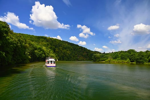 Brno Dam - Czech Republic. Beautiful Czech landscape with forests, lake and blue sky. Recreational area for sports and entertainment. 