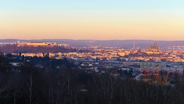 Brno city in the Czech Republic. Europe. Petrov - Cathedral of Saints Peter and Paul and Spilberk castle. Beautiful old architecture and a popular tourist destination. Photography of the city landscape in sunset. 