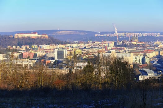 Brno city in the Czech Republic. Europe. Petrov - Cathedral of Saints Peter and Paul and Spilberk castle. Beautiful old architecture and a popular tourist destination. Photography of the city landscape in sunset. 