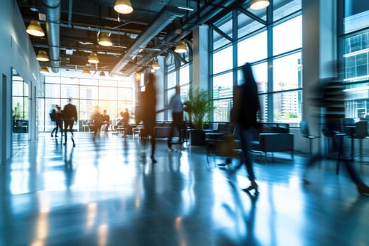 motion blur image of business people crowd walking at corporate office.