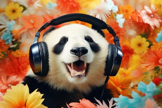 photography of a happy and relaxed big Panda with closed Eyes wearing Headphones, AI Generative.