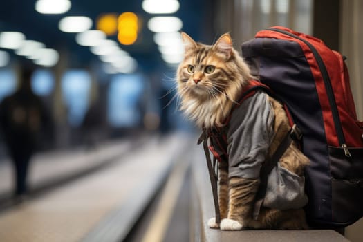 Funny cat going on vacation, cat travel concept, AI Generative.