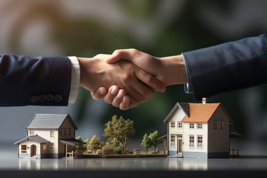 Real estate agent shaking hands with customer with miniature simple house on a table.