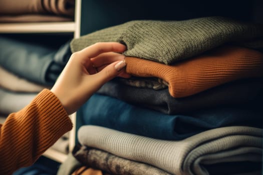 Closeup unrecognizable woman picking clothes from wardrobe, choosing what to wear.