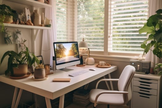 A modern work space desk with a computer Generative AI.