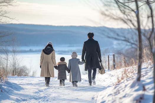 family walking together in a landscape covered with wonderful snow, AI Generative.