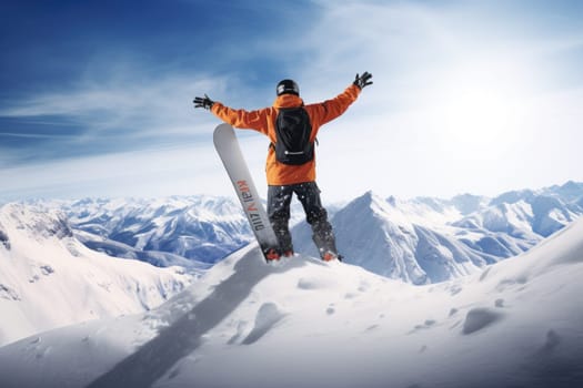Snowboarder jumping through air with deep blue sky in background. Winter sport background..
