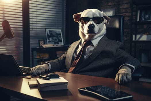 dog in a suit and tie works in the office, animal theme, AI Generative.