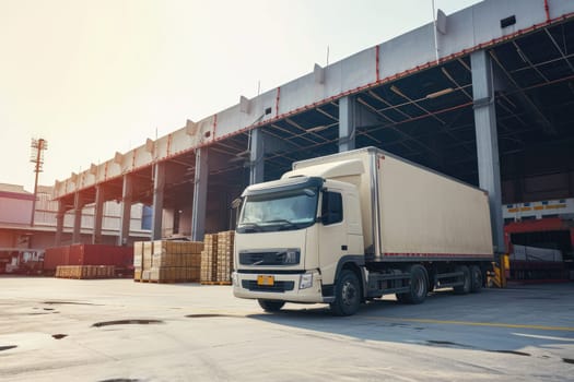 Logistics and transportation. White truck in the warehouse with boxes. for advertising.