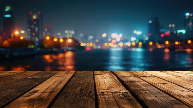 Blank wood tabletop with blurred night city skyline and river, showcase, nightlife,.