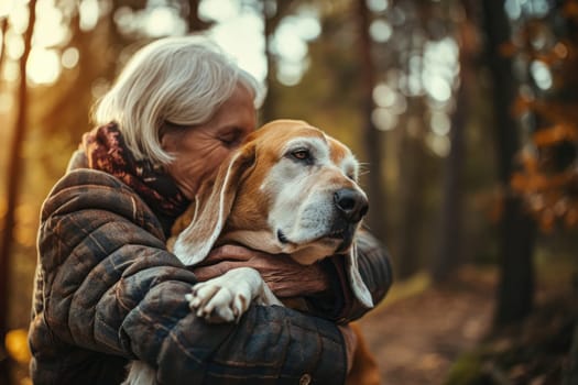 A portrait of a happy senior older with a dog, The elderly with pet.