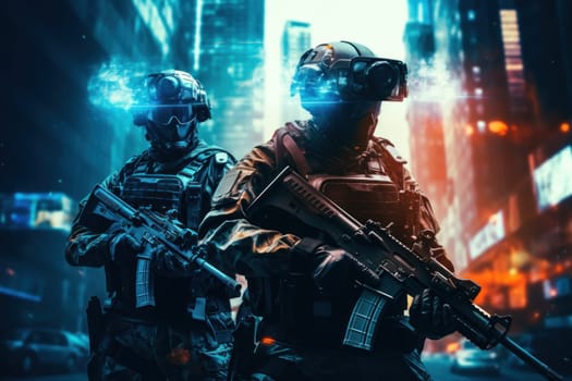 Futuristic special force soldiers, Cyberpunk warrior portrait in neon light background.