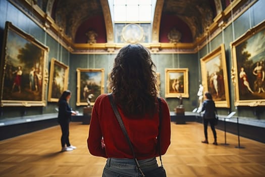 Back view of woman in Art Gallery Appreciating Artwork.