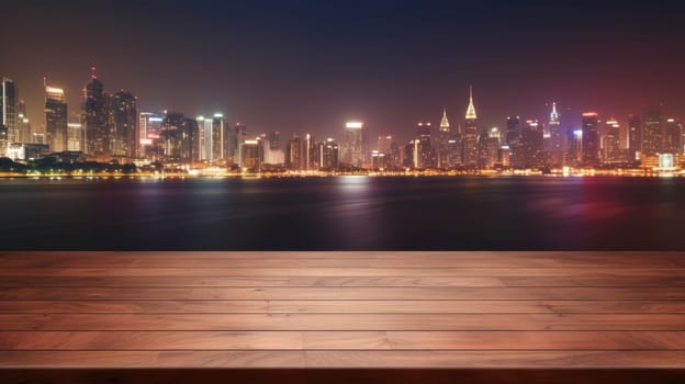 Blank wood tabletop with blurred night city skyline and river, showcase, nightlife, AI Generative.