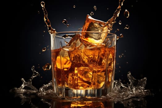 Glass of splashing whiskey or other alcohol with ice cube isolated on black background.