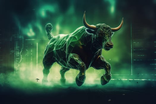 Double exposure of a silhouette bull run and uptrend chart, the bull market is rising.