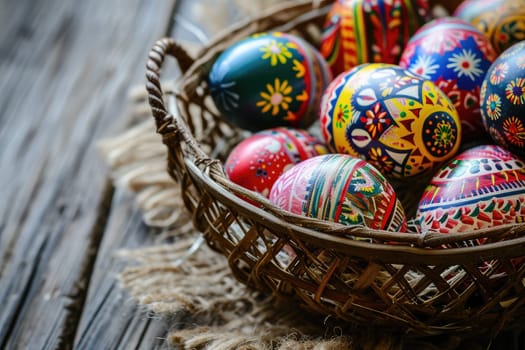 Colorful Easter eggs in basket, Easter background with copy space, Happy Easter day.