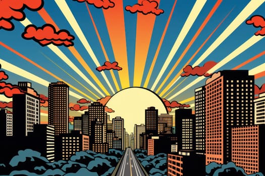 comic retro pop art style sunrise in the city.