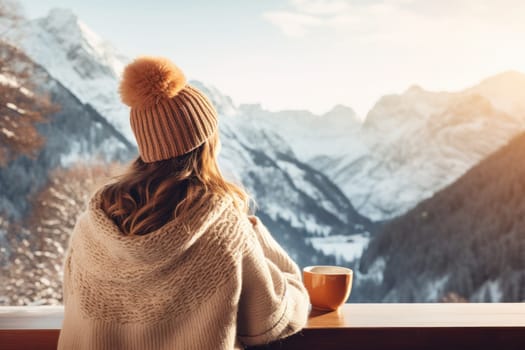 woman on a terrace with the snow mountains view, AI Generative.