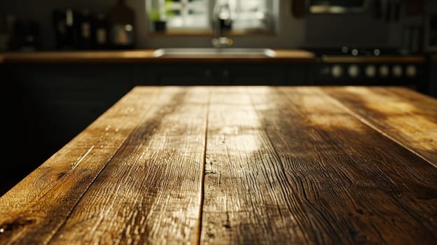 Empty table in modern kitchen interior, Empty wooden counter table top for product display.