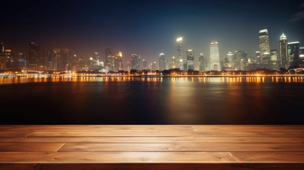 Blank wood tabletop with blurred night city skyline and river, showcase, nightlife, AI Generative.