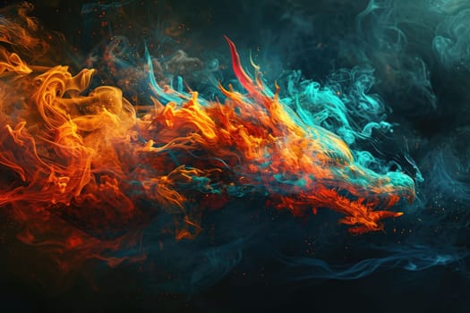 Image of dragon with colourful smoke on black background. Mythical creatures. Illustration.
