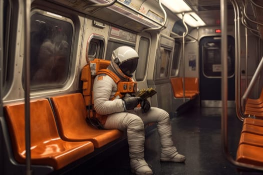 An astronaut in the subway. Astronaut in the urban environment.